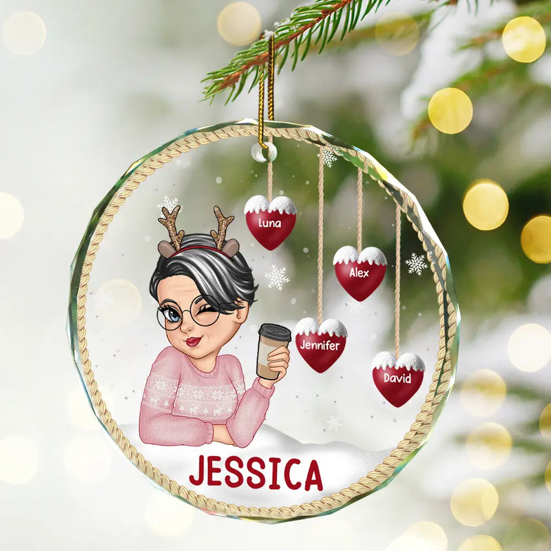 Snowman Grandma Mom - Personalized Circle Glass Ornament