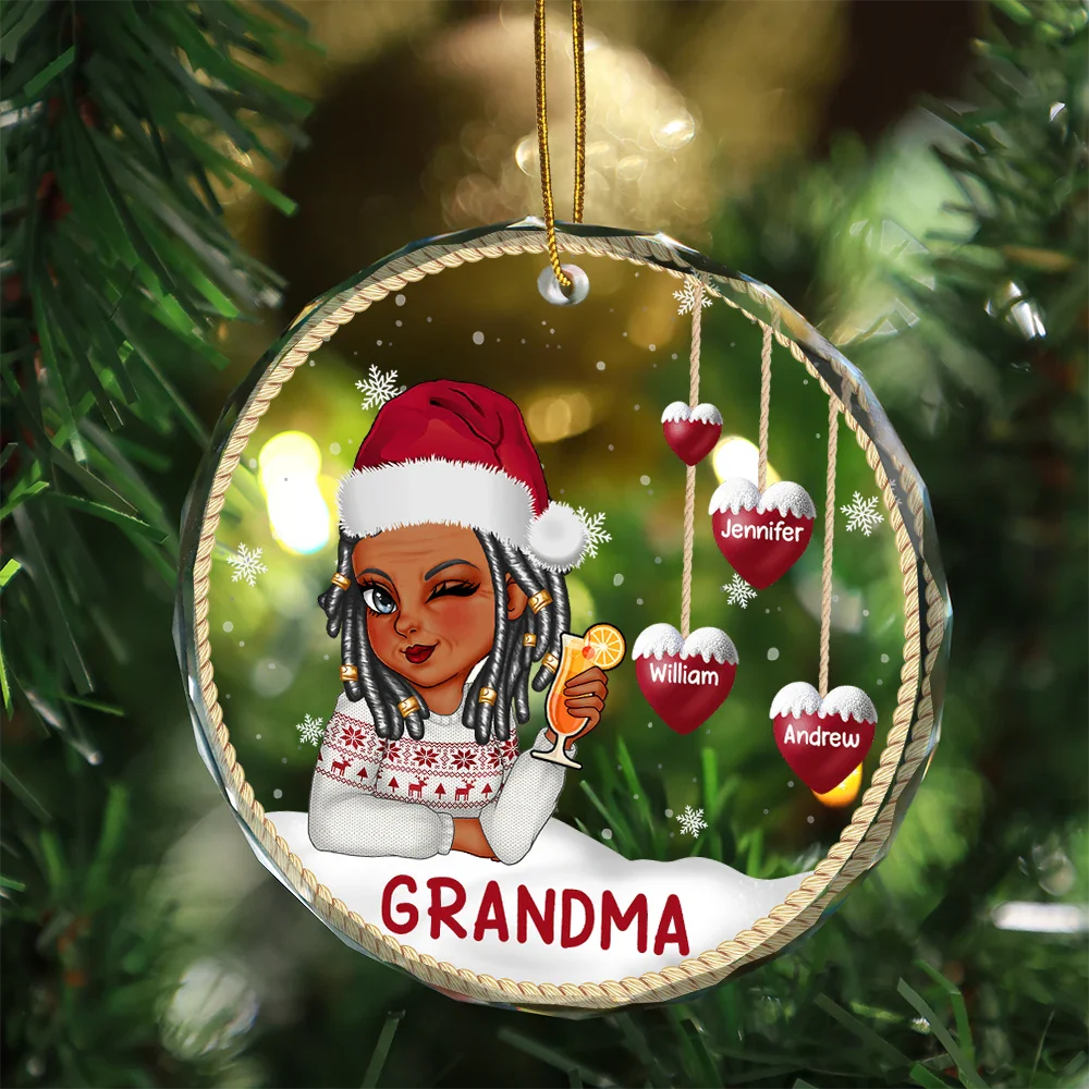 Snowman Grandma Mom - Personalized Circle Glass Ornament