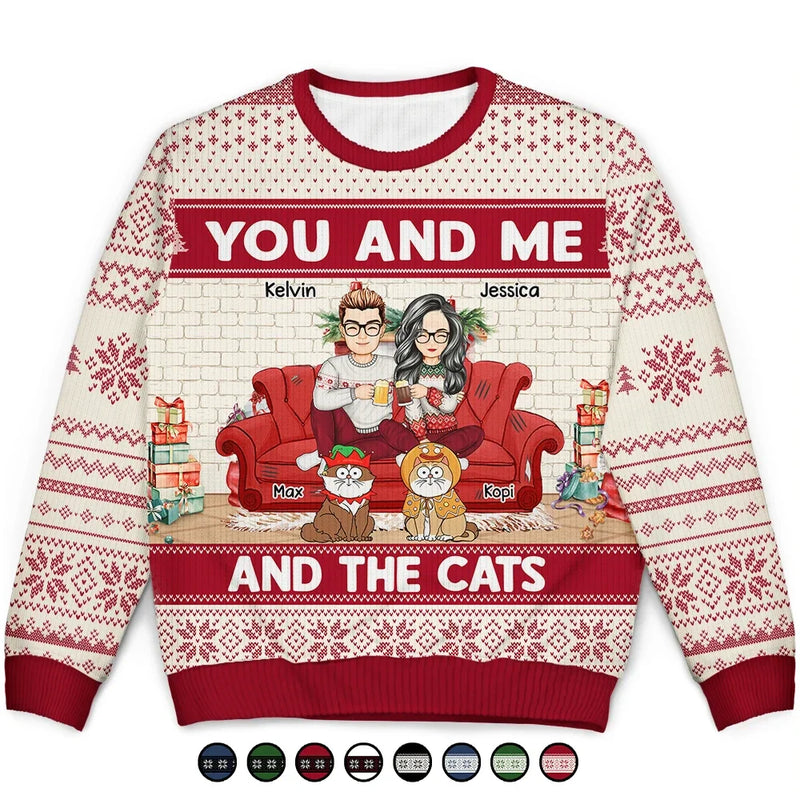 You And Me And The Cat - Personalized Unisex Ugly Sweater