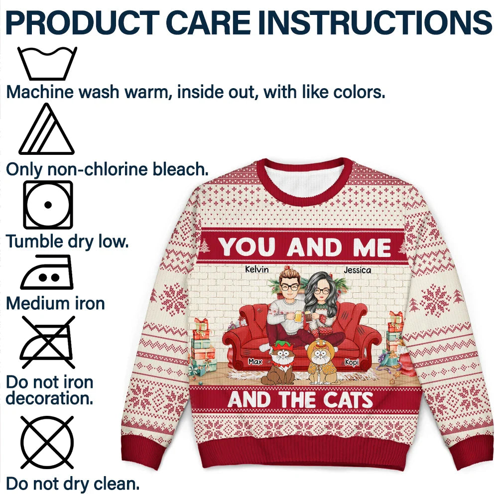 You And Me And The Cat - Personalized Unisex Ugly Sweater