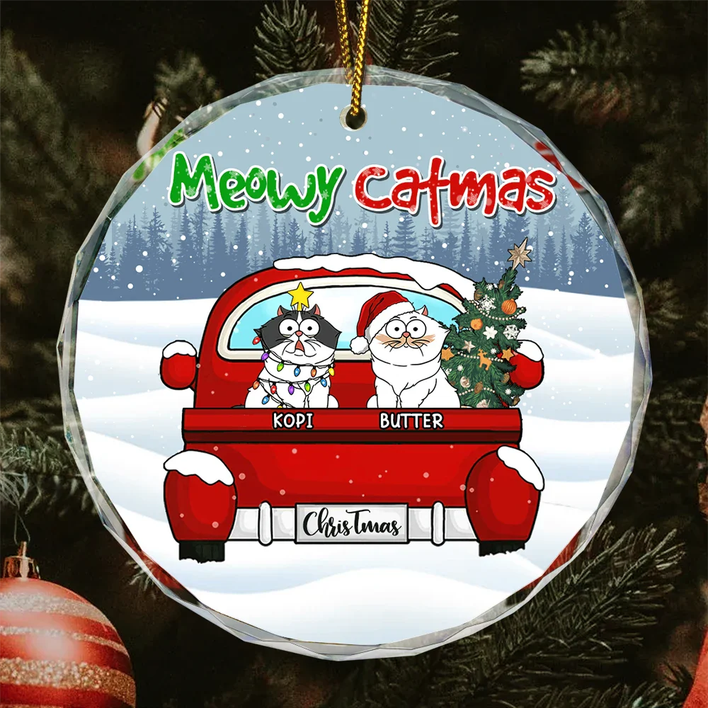 Meowy Catmas Christmas - Personalized Circle Glass Ornament