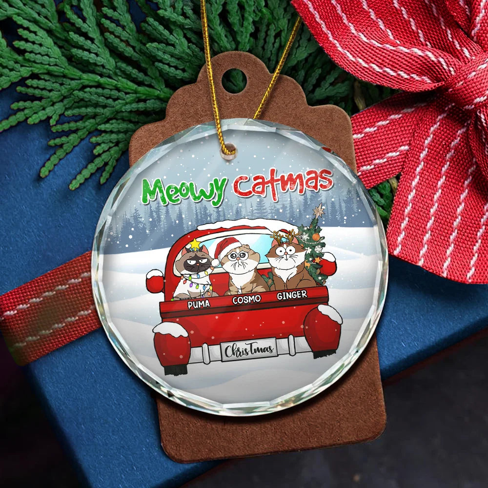 Meowy Catmas Christmas - Personalized Circle Glass Ornament