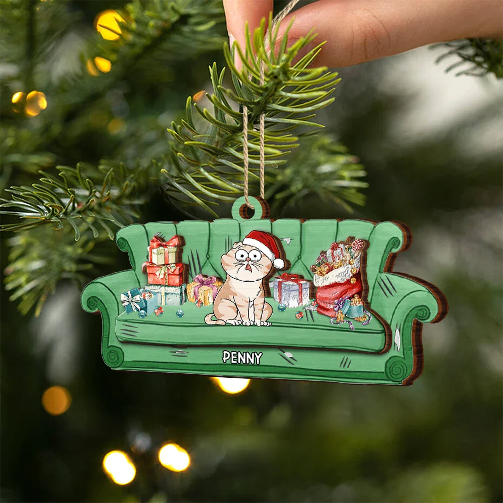 Funny Christmas Cat - Personalized 2-Layered Wooden Ornament