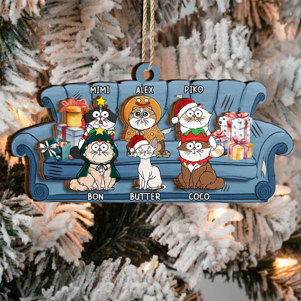 Chat de Noël amusant - Décoration en bois personnalisée à 2 couches 