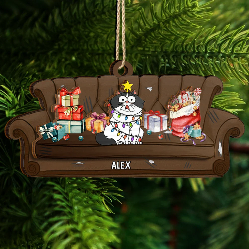 Funny Christmas Cat - Personalized 2-Layered Wooden Ornament