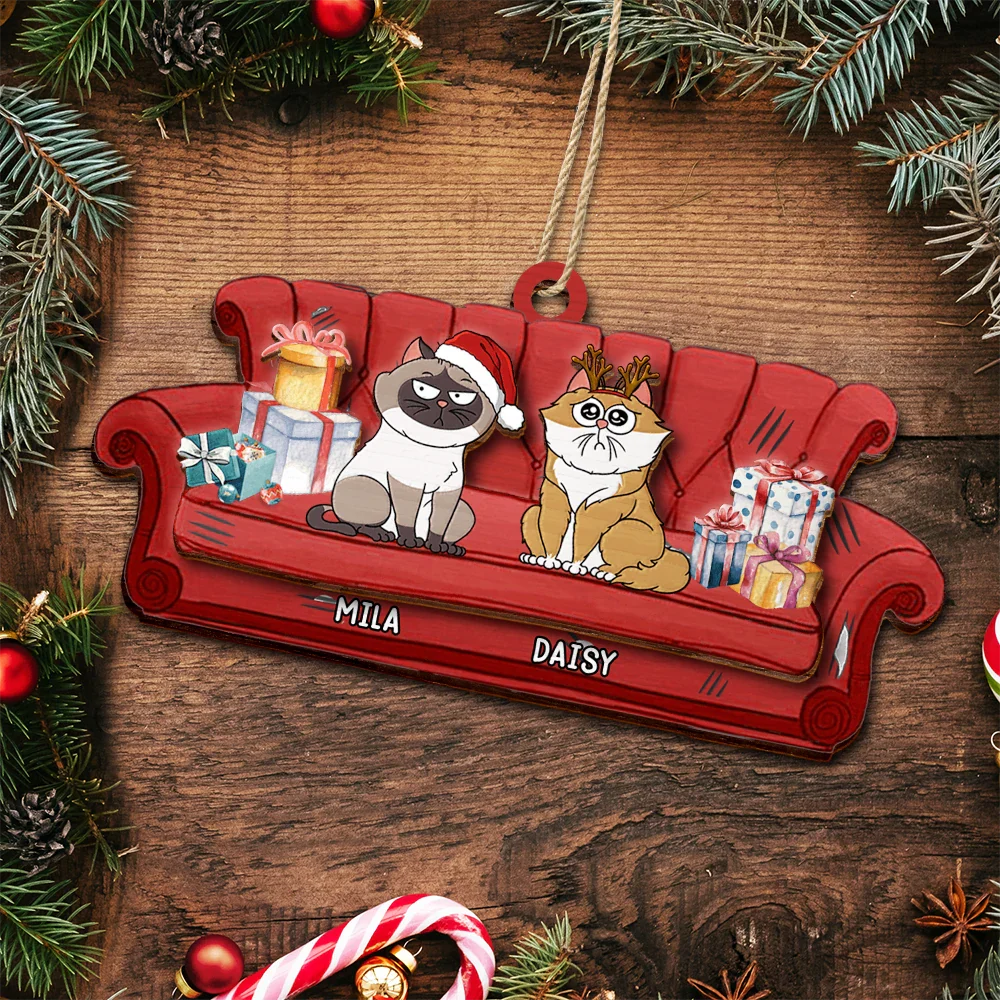 Funny Christmas Cat - Personalized 2-Layered Wooden Ornament