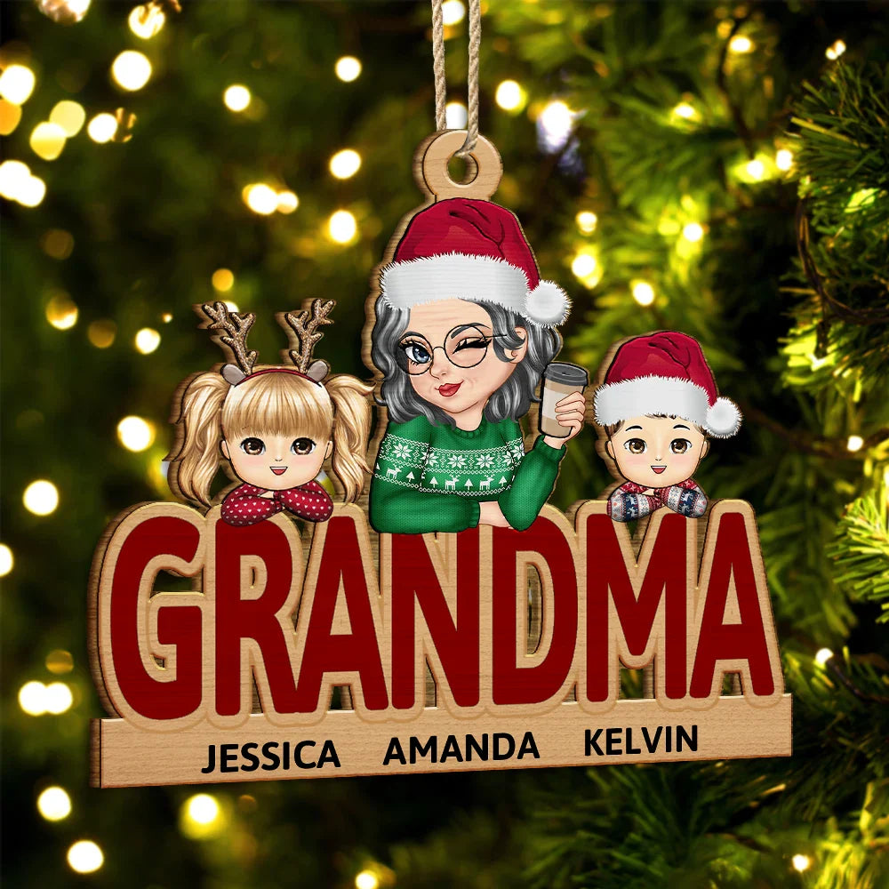 Décoration de Noël personnalisée en bois découpé pour grand-mère et petits-enfants 