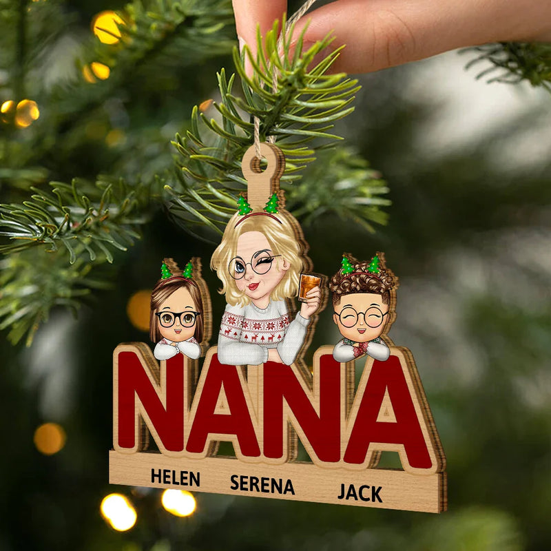 Décoration de Noël personnalisée en bois découpé pour grand-mère et petits-enfants 