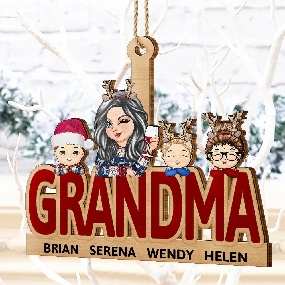Décoration de Noël personnalisée en bois découpé pour grand-mère et petits-enfants 