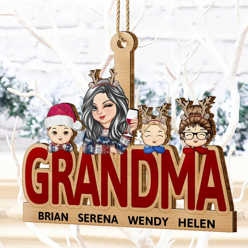 Décoration de Noël personnalisée en bois découpé pour grand-mère et petits-enfants 