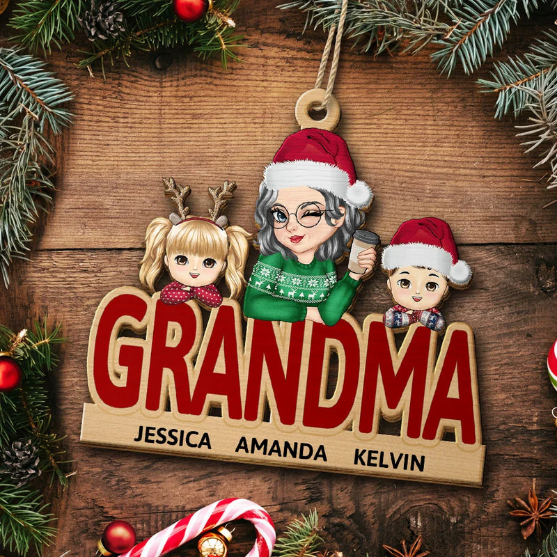 Décoration de Noël personnalisée en bois découpé pour grand-mère et petits-enfants 