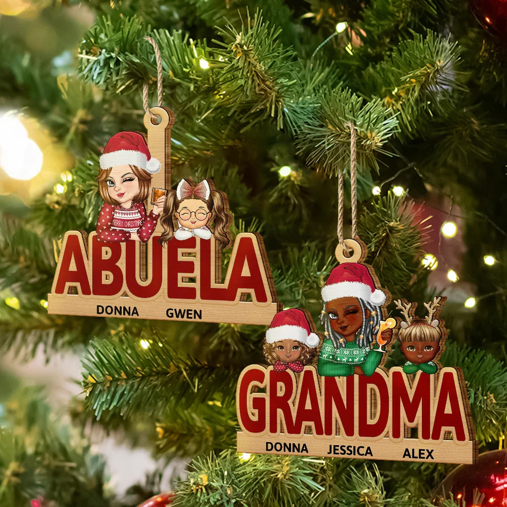 Décoration de Noël personnalisée en bois découpé pour grand-mère et petits-enfants 