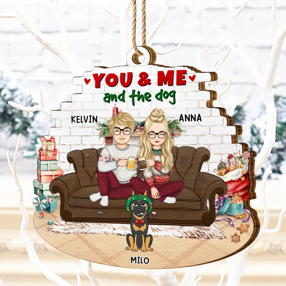 You And Me And The Dogs Cartoon Couples Christmas - Personalized Custom Shaped Wooden Ornament