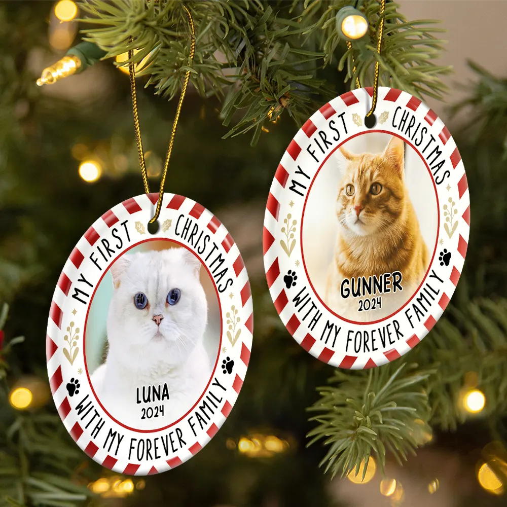 Custom Photo Red Light First Christmas - Personalized Circle Ceramic Ornament