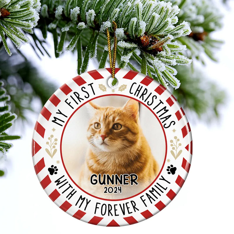 Custom Photo Red Light First Christmas - Personalized Circle Ceramic Ornament