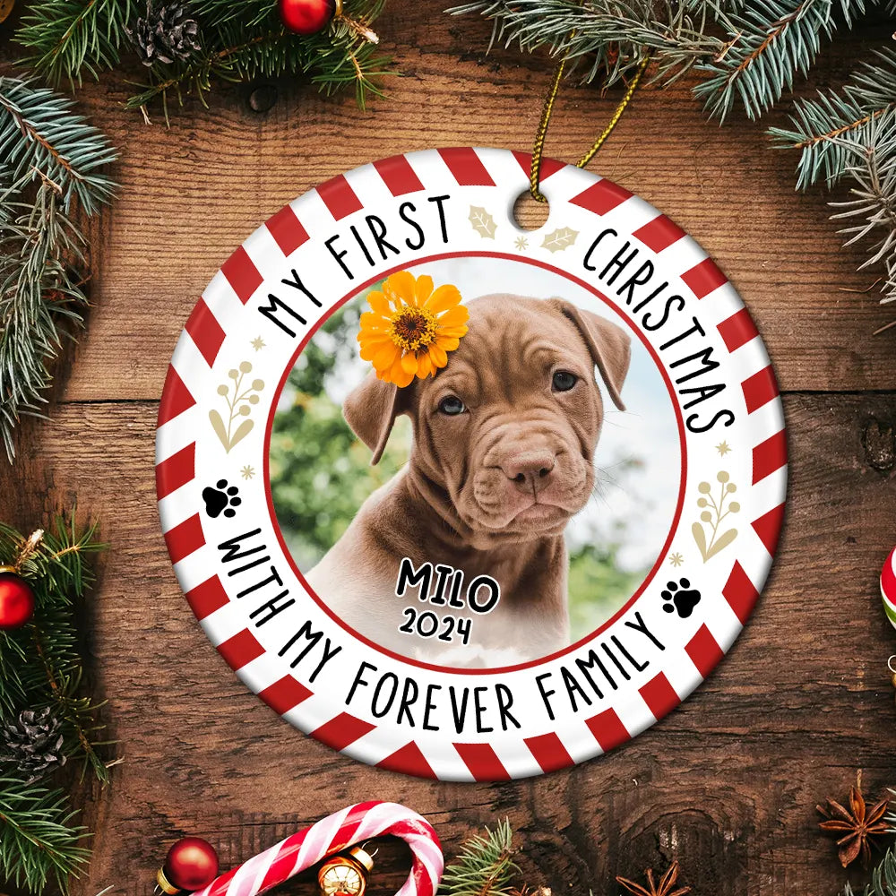 Custom Photo Red Light First Christmas - Personalized Circle Ceramic Ornament