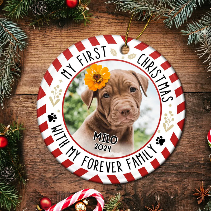 Custom Photo Red Light First Christmas - Personalized Circle Ceramic Ornament