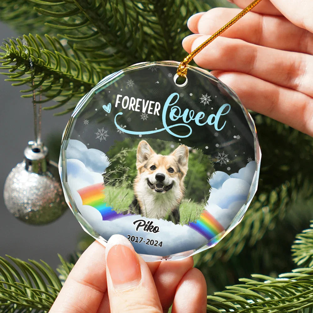 Custom Photo Forever Loved Pet Memorial - Personalized Circle Glass Ornament