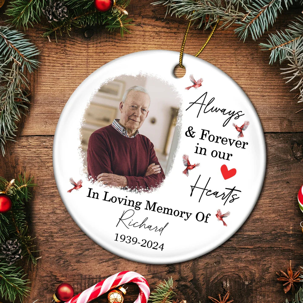 Custom Photo In Loving Memory Christmas Memorial - Personalized Circle Ceramic Ornament