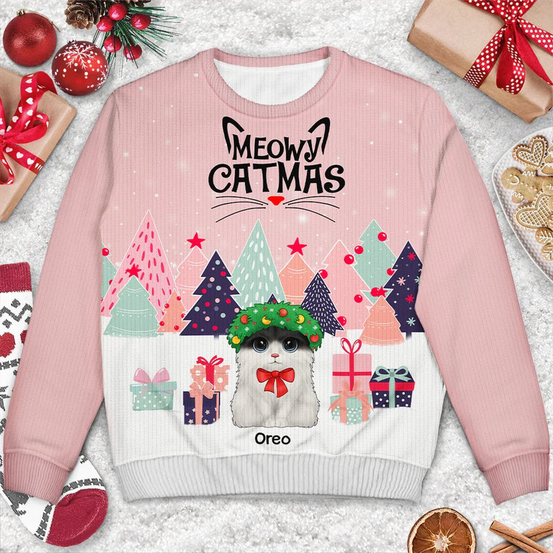 Cat Lovers - Meowy Catmas Cute Cats With Big Eyes - Personalized Unisex Ugly Sweater