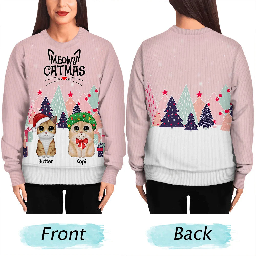 Cat Lovers - Meowy Catmas Cute Cats With Big Eyes - Personalized Unisex Ugly Sweater