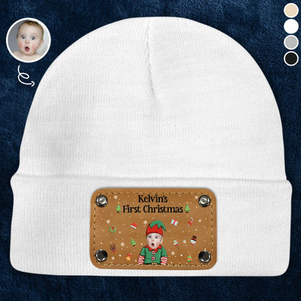 Bonnet personnalisé avec photo pour le premier Noël de bébé - Bonnet personnalisé avec patch en cuir 