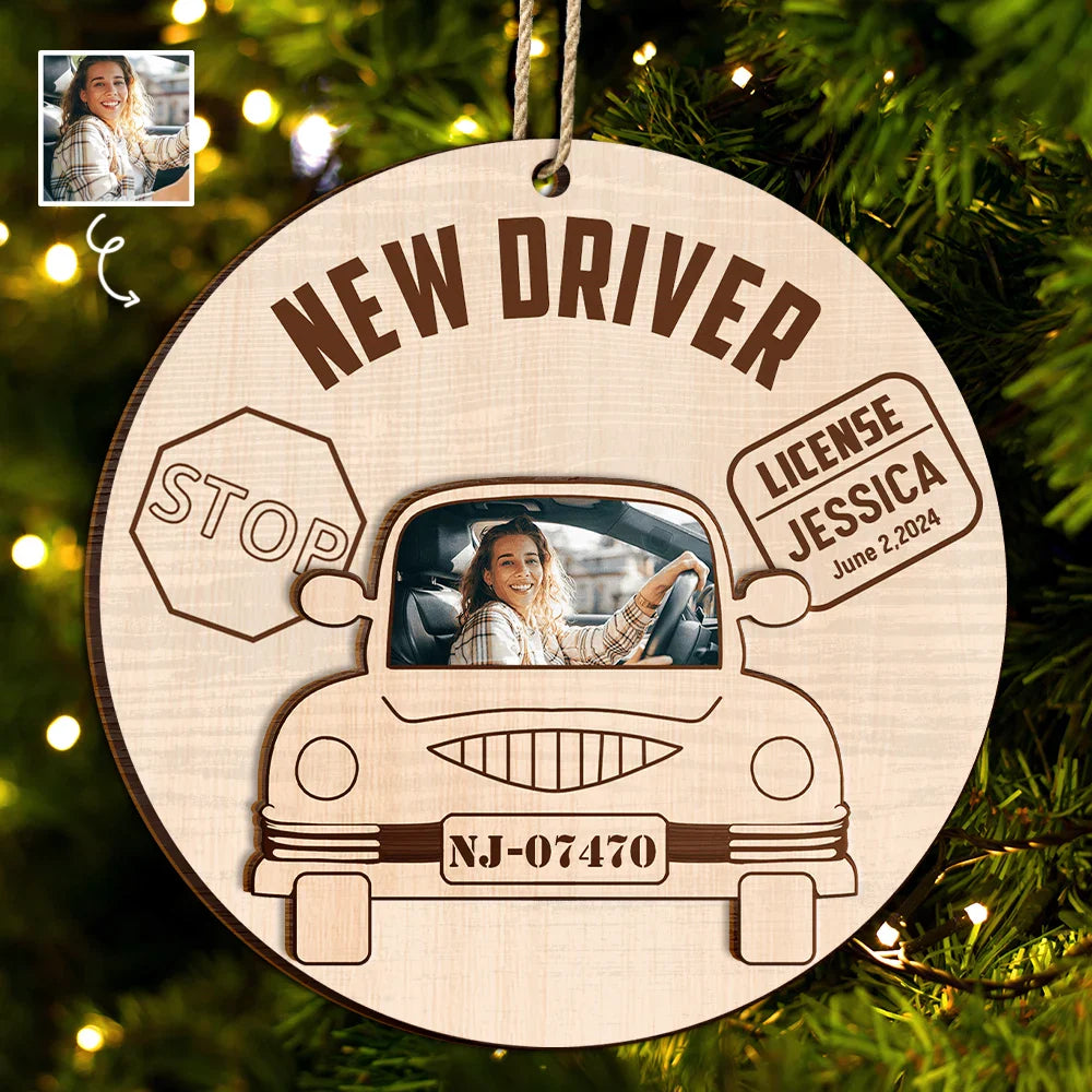 Custom Photo New Driver Christmas - Personalized 2-Layered Wooden Ornament
