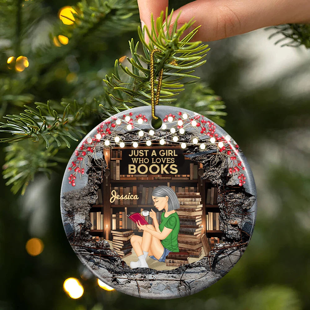 Reading - Just A Girl Who Loves Books Reading - Personalized Circle Ceramic Ornament