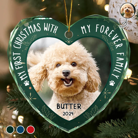 Custom Photo First Christmas Pet Lovers - Personalized Heart Shaped Glass Ornament