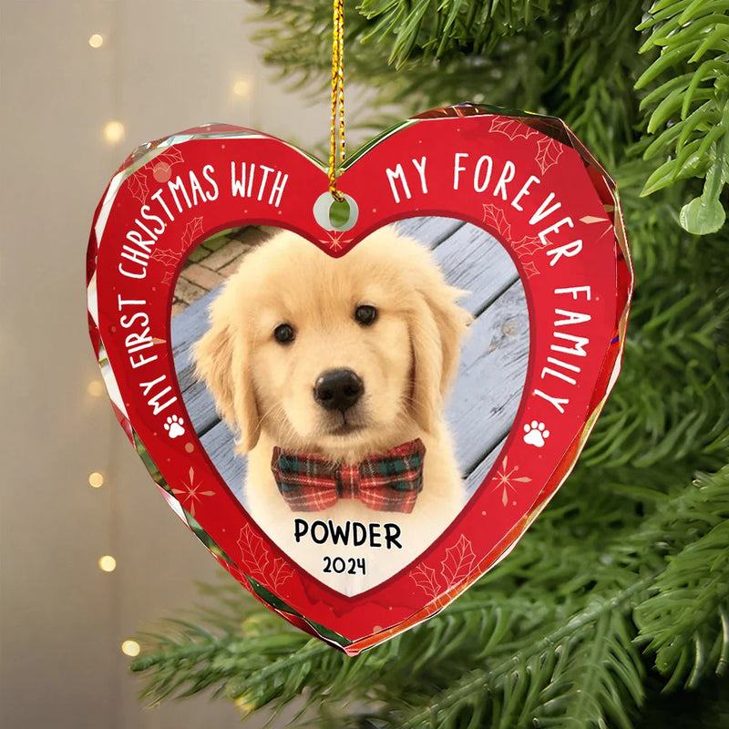Pet Lovers - Custom Photo First Christmas Pet Lovers - Personalized Heart Shaped Glass Ornament