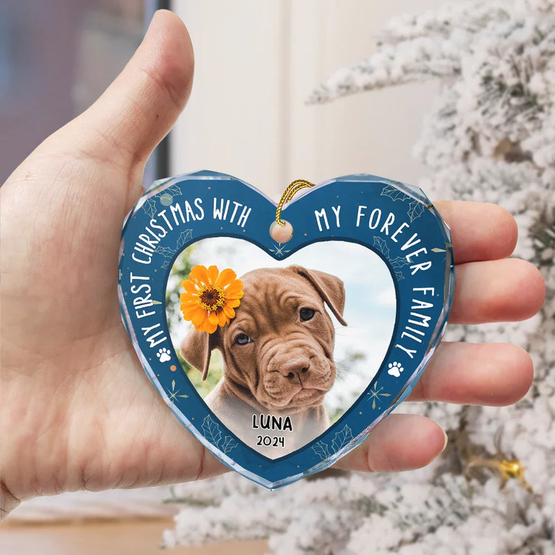 Pet Lovers - Custom Photo First Christmas Pet Lovers - Personalized Heart Shaped Glass Ornament