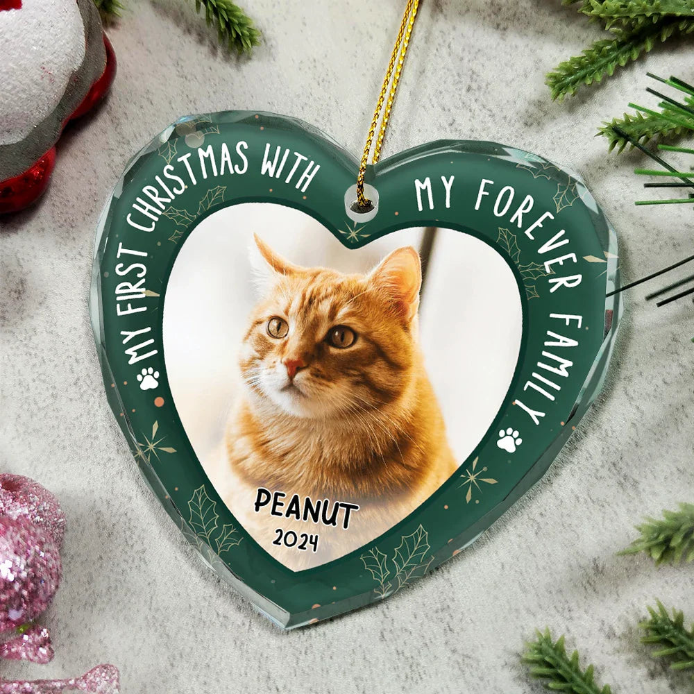 Pet Lovers - Custom Photo First Christmas Pet Lovers - Personalized Heart Shaped Glass Ornament