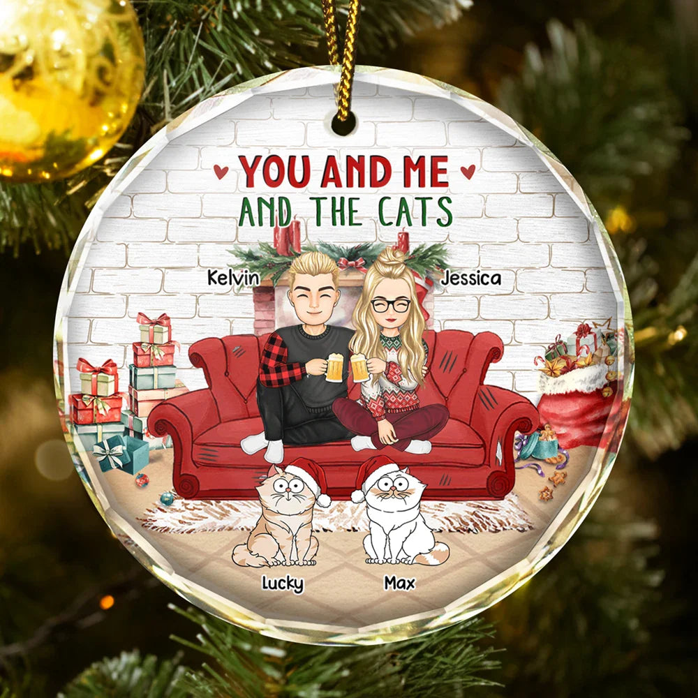 Cat Couple, Cat Lovers - You And Me And The Cats Couple Christmas - Personalized Glass Ornament