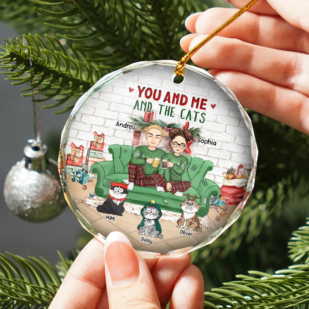Cat Couple, Cat Lovers - You And Me And The Cats Couple Christmas - Personalized Glass Ornament