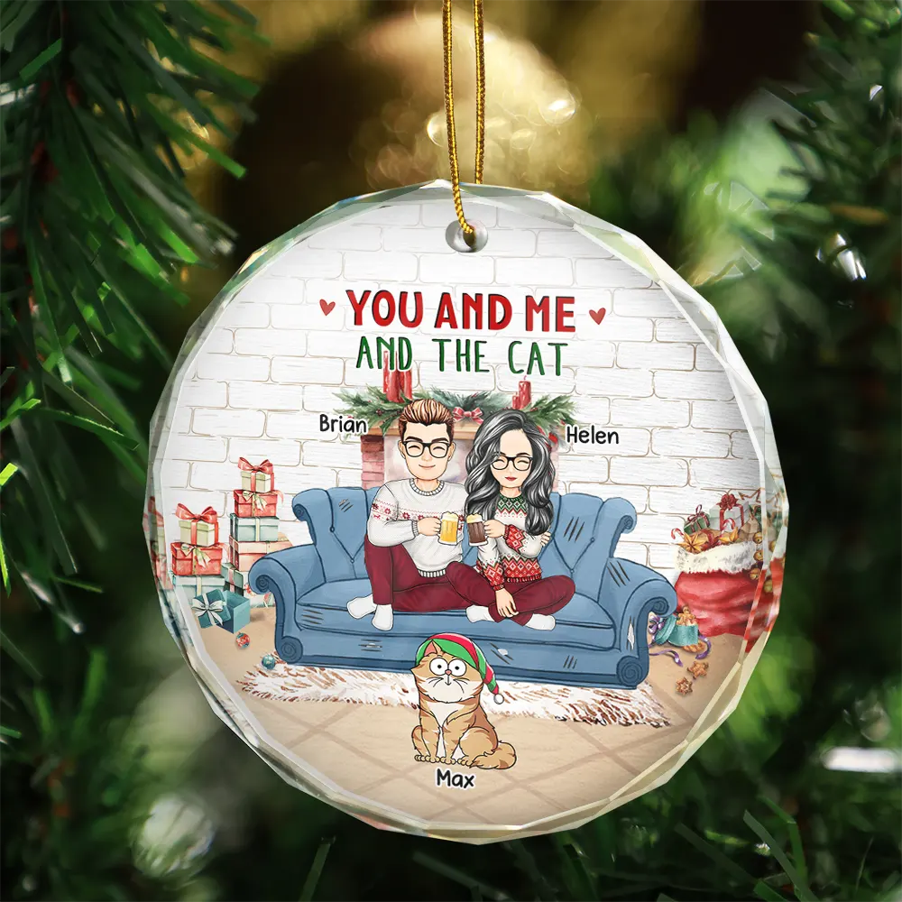 Cat Couple, Cat Lovers - You And Me And The Cats Couple Christmas - Personalized Glass Ornament