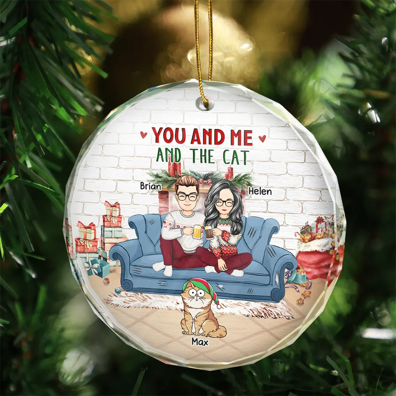 Cat Couple, Cat Lovers - You And Me And The Cats Couple Christmas - Personalized Glass Ornament