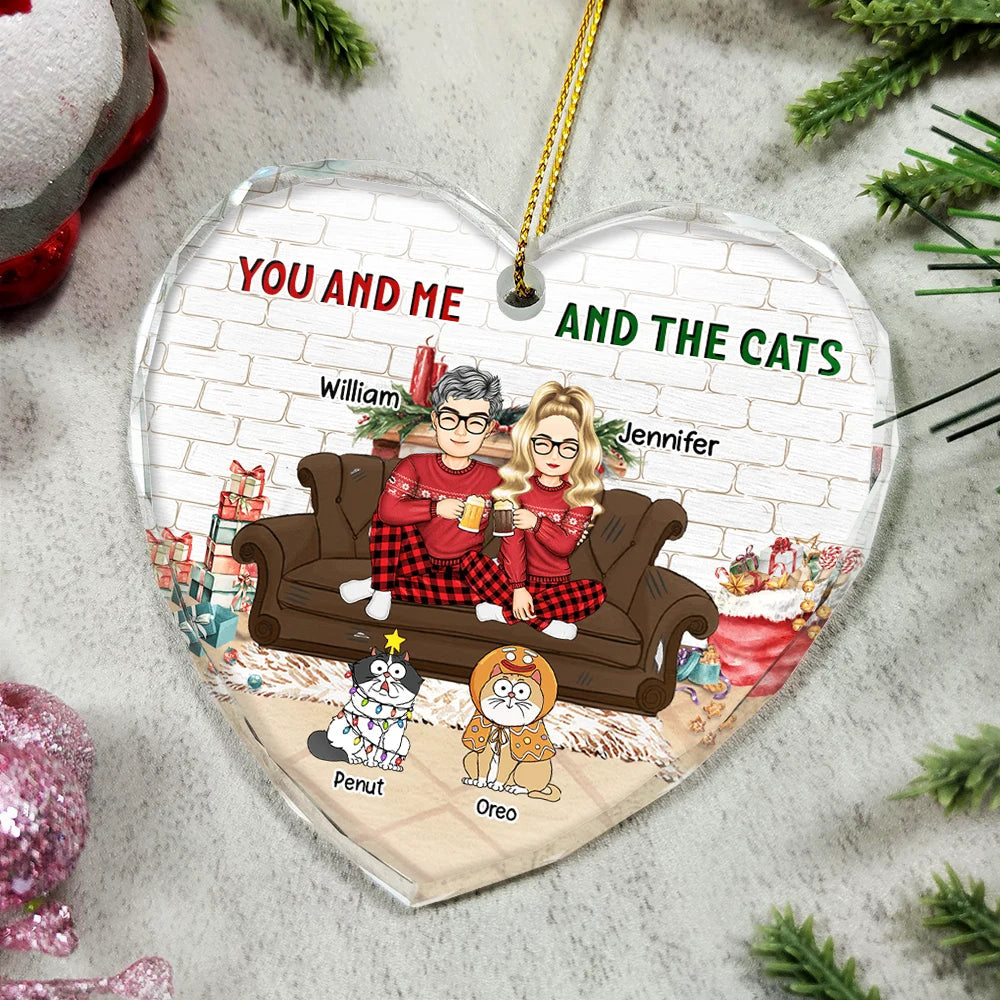 Cat Couple, Cat Lovers - You And Me And The Cats Couple Christmas - Personalized Glass Ornament