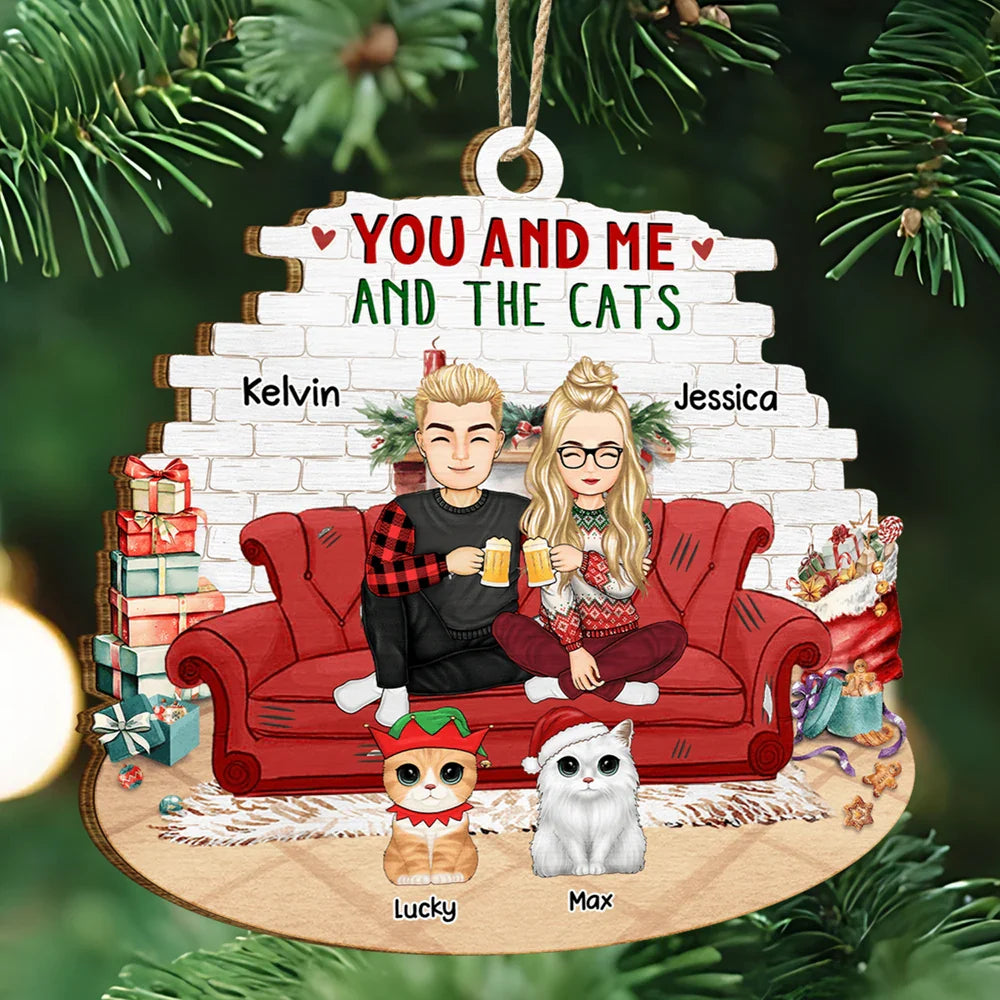 Cat Couple, Cat Lovers - You And Me And The Cats Big Eyes Christmas - Personalized Custom Shaped Wooden Ornament