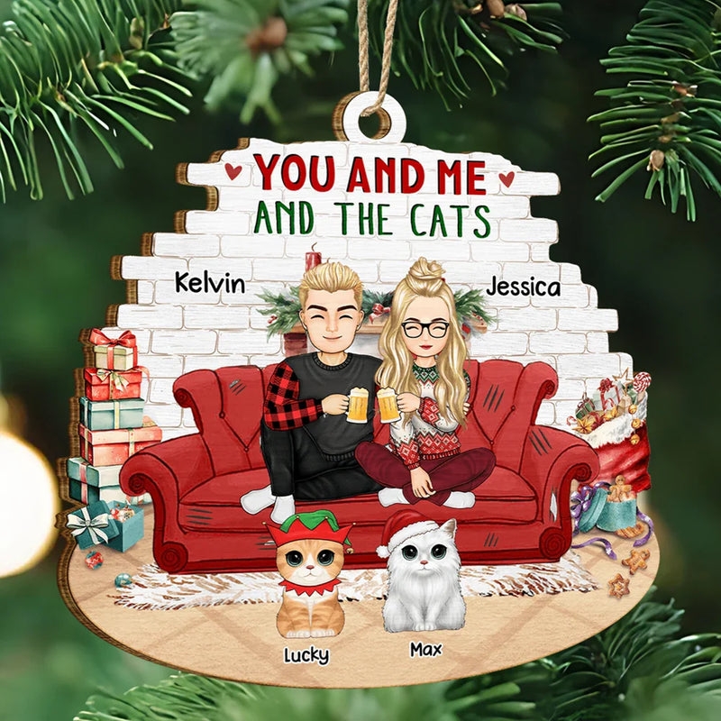 Cat Couple, Cat Lovers - You And Me And The Cats Big Eyes Christmas - Personalized Custom Shaped Wooden Ornament