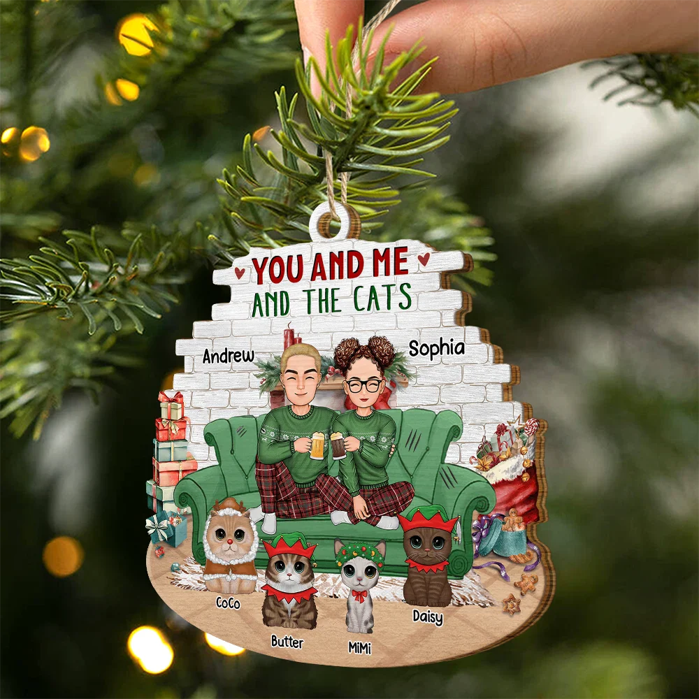 Cat Couple, Cat Lovers - You And Me And The Cats Big Eyes Christmas - Personalized Custom Shaped Wooden Ornament