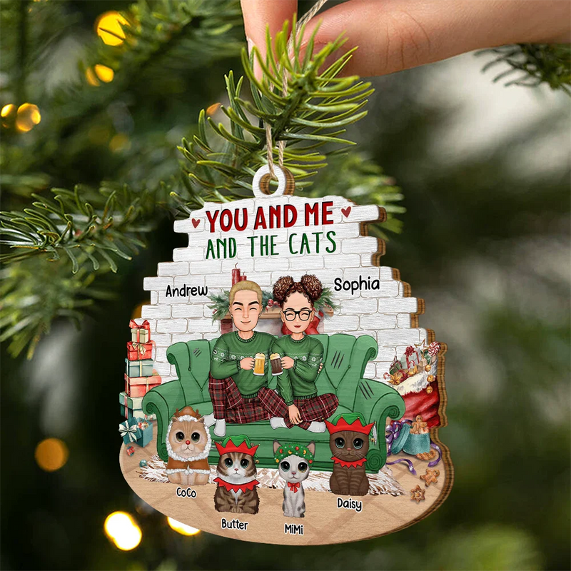 Cat Couple, Cat Lovers - You And Me And The Cats Big Eyes Christmas - Personalized Custom Shaped Wooden Ornament