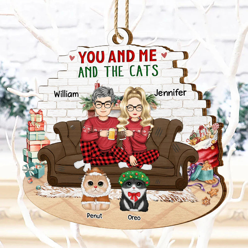 Cat Couple, Cat Lovers - You And Me And The Cats Big Eyes Christmas - Personalized Custom Shaped Wooden Ornament