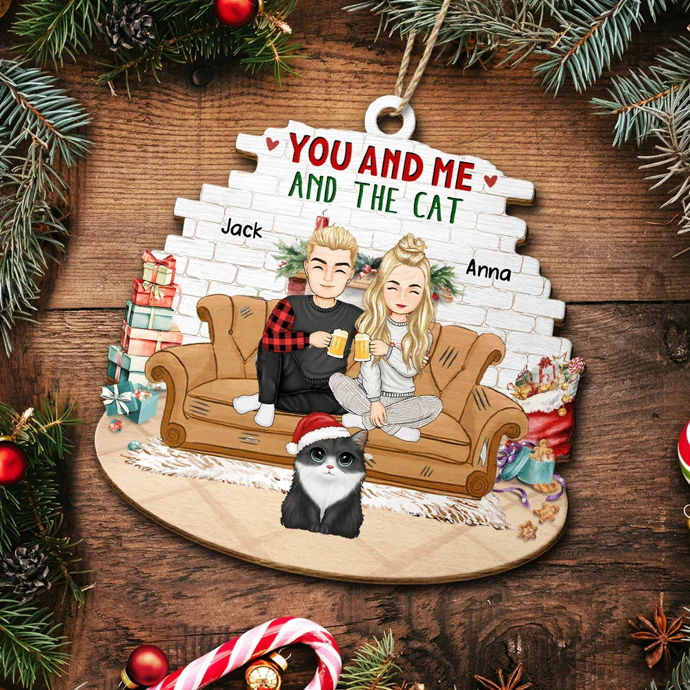Cat Couple, Cat Lovers - You And Me And The Cats Big Eyes Christmas - Personalized Custom Shaped Wooden Ornament
