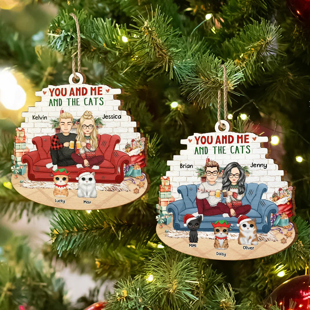 Cat Couple, Cat Lovers - You And Me And The Cats Big Eyes Christmas - Personalized Custom Shaped Wooden Ornament