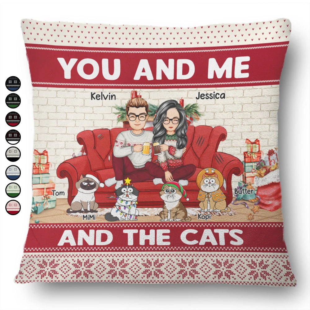 Cat Couple, Cat Lovers - You And Me And The Cats Christmas - Personalized Pillow