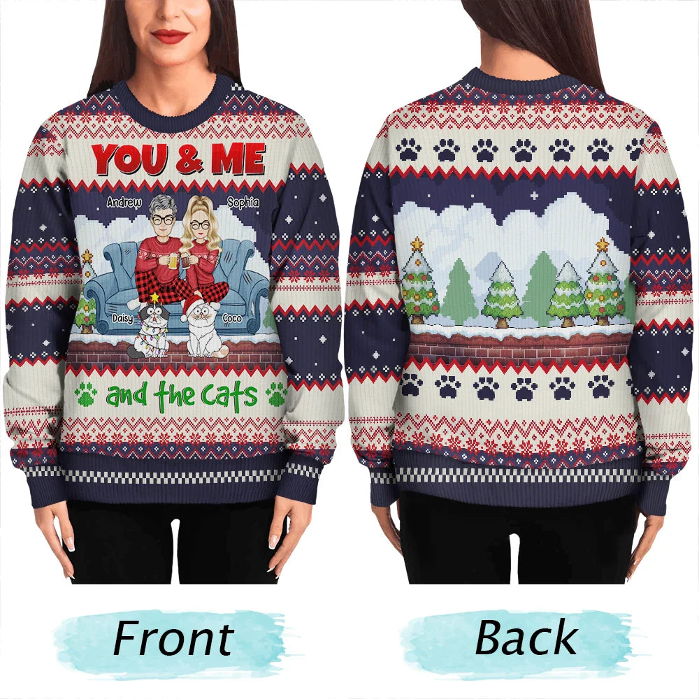 Cat Couple, Cat Lovers - You And Me And The Cats Cartoon Christmas - Personalized Unisex Ugly Sweater