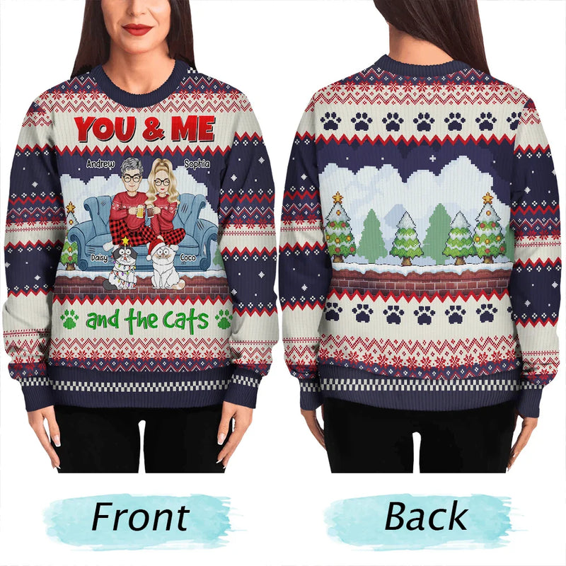 Cat Couple, Cat Lovers - You And Me And The Cats Cartoon Christmas - Personalized Unisex Ugly Sweater