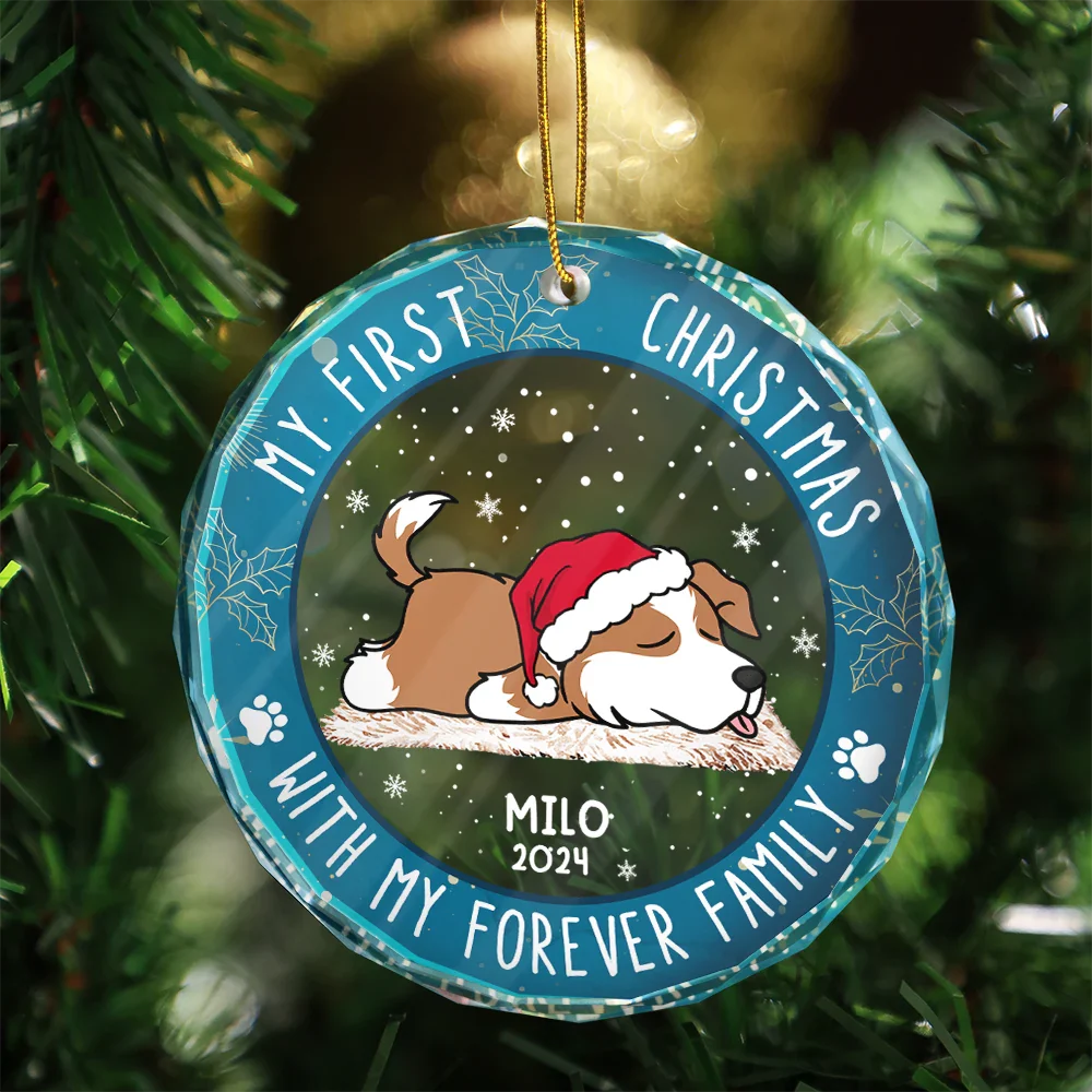 Pet Lovers, Pet Mom, Pet Dad - First Christmas With My Forever Home - Personalized Circle Glass Ornament