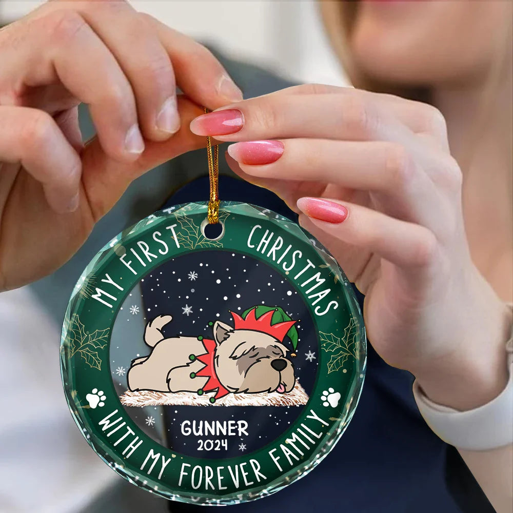 Pet Lovers, Pet Mom, Pet Dad - First Christmas With My Forever Home - Personalized Circle Glass Ornament