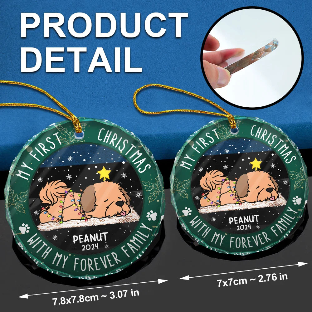 Pet Lovers, Pet Mom, Pet Dad - First Christmas With My Forever Home - Personalized Circle Glass Ornament